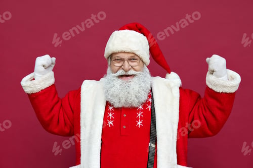 Preview: Happy confident bearded Santa celebrating success advertise gym Christmas sale.