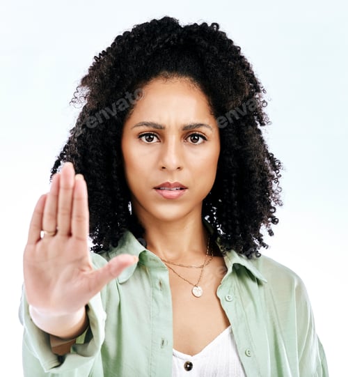 Preview: Stop, hand and portrait of woman in studio with warning, sign and threat, limits or no on white bac