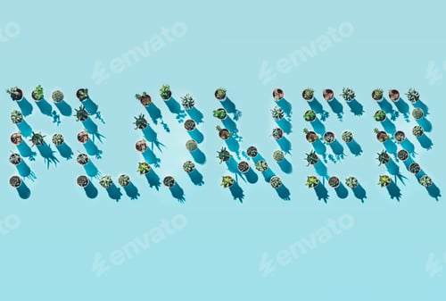 Preview: top view of word flower made from green potted plants on blue
