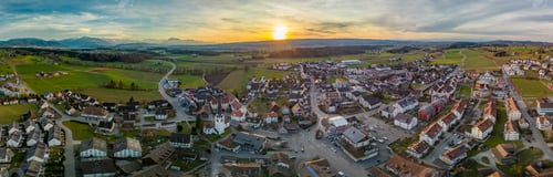 Preview: Aerial panorama view to lake Zug and Swiss Alps with Mettmenstetten, Switzerland