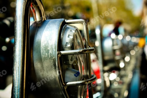Preview: Closeup shot of the motorcycle headlights captured in Barcelona, Spain