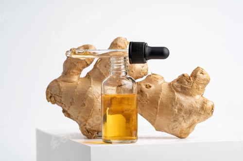 Preview: Yellow vitamin C in dropper bottle presenting product on white podium