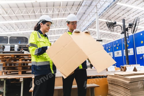 Preview: Professional worker team supervisor inspector in packaging stock at cardboard factory warehouse