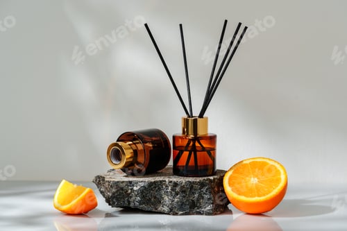 Preview: Modern Aromatherapy Diffuser With Orange Accents on a Natural Stone Surface