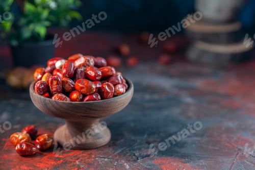 Preview: Top view of fresh raw silverberry fruits inside and outside of a wooden bowl and flower pot on the
