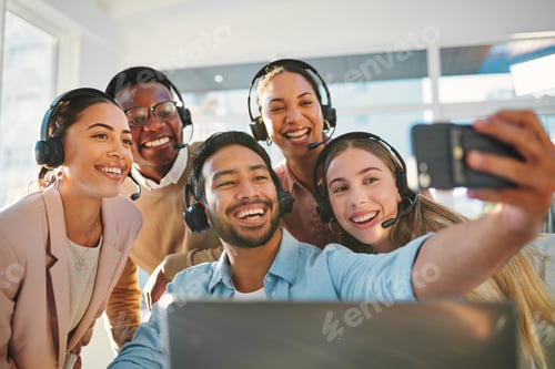 Preview: Telemarketing, employee and selfie in office or smile, consultant or bond together. Diversity colle
