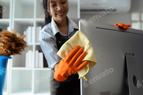 Preview: Woman maid cleaning and wiping the computer with microfiber cloth in office