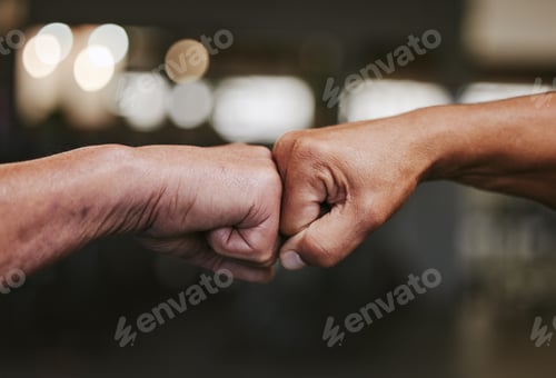 Preview: Hands, fist bump and fitness motivation for sports, greeting or team building in gym for wellness.