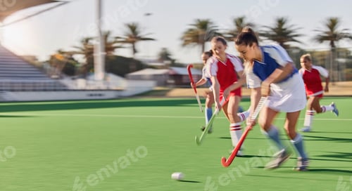 Preview: Sports, hockey and women in action on field playing game, match and training in outdoor stadium. Fi
