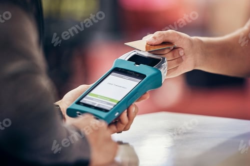 Preview: Men, hands and credit card banking machine for fitness gym membership, exercise subscription or wor