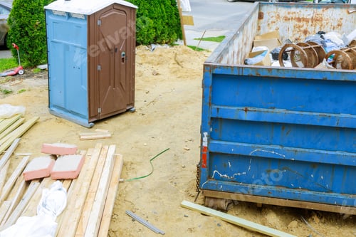 Preview: Portable restroom on house under construction in a dumpsters construction garbage new house