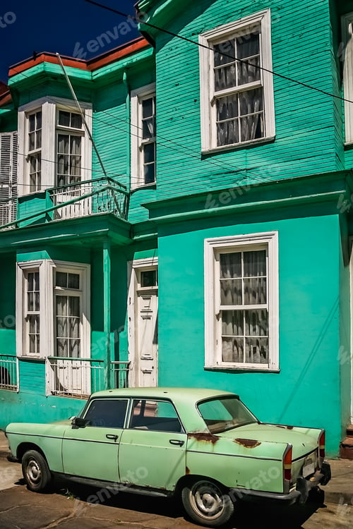 Preview: Old retro vintage green car in front of the old tenement house i