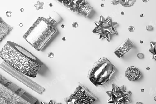 Preview: Items for gift decor on white background, top viewа