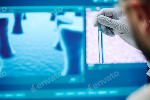 Preview: Flask with blue liquid in gloved hand of contemporary male virologist