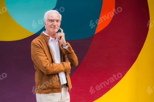 Preview: Senior man smiling thoughtfully in colorful abstract background