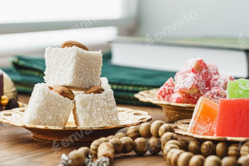 Preview: Turkish delight sweets on a metal oriental plate