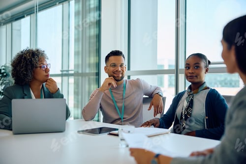 Preview: Multiracial group of entrepreneurs having business meeting in the office.