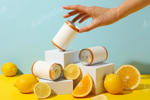 Preview: Tin cans, lemons and hand on blue background