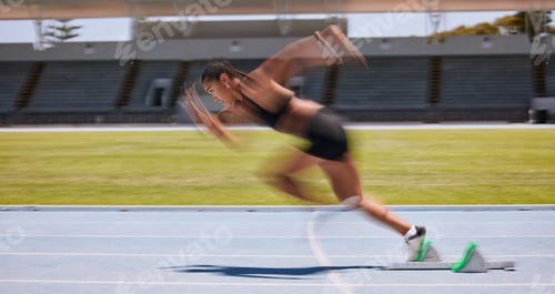 Preview: Fitness, run and fast blur athlete running on a race track for sports, athletics and exercise on th