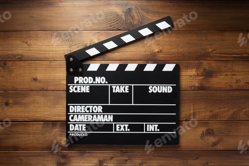 Preview: movie clapper board at wooden background