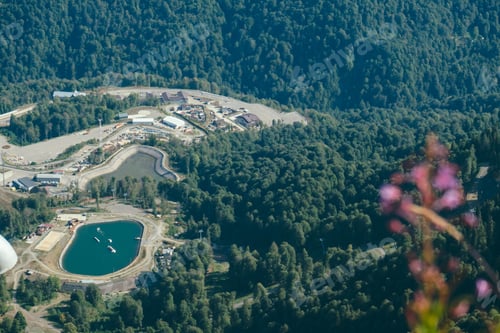 Preview: aerial view from the cable car to the Rosa Khutor resort in Sochi, Russia against Caucasus mountains
