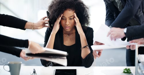 Preview: Business woman, hands and headache for multitasking in office with workload anxiety, pressure or de