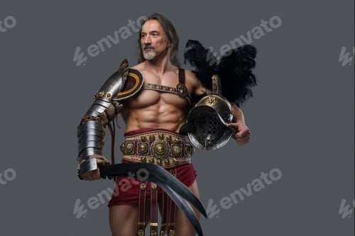Preview: Gladiator of mature age dons lightweight armor, wielding a gladius