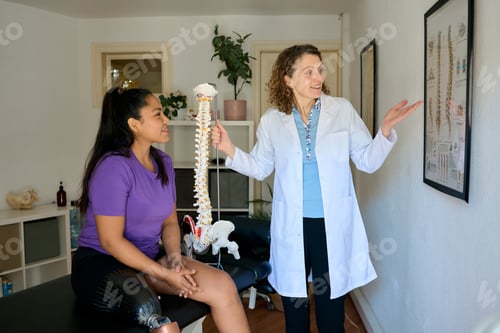Preview: Physiotherapist explaining spine model to amputee patient