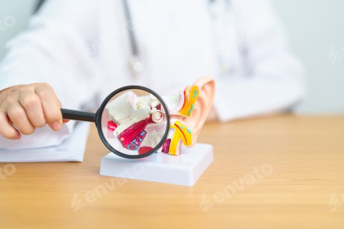 Preview: Doctor with human Ear anatomy model. Ear disease, Atresia