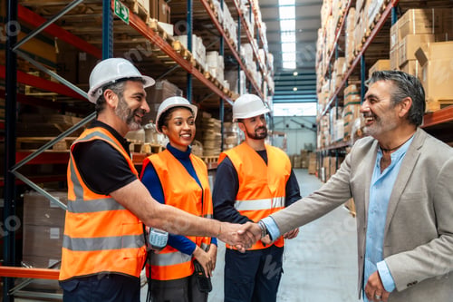 Preview: Supply chain manager shaking hand with warehouse workers
