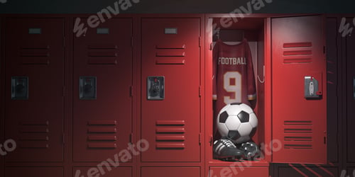 Preview: Soccer equipment football ball, t'shirt and bbots in a school locker room.