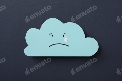 Preview: Cloud with sad emoji on dark blue background, top view