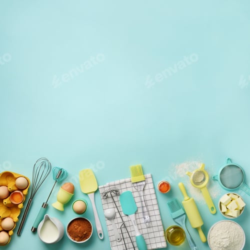 Preview: Square crop. Baking ingredients - butter, sugar, flour, eggs, oil, spoon, rolling pin, brush, whisk