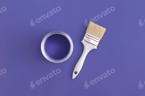 Preview: Paint brush with a can of paint on trendy Very Peri background.