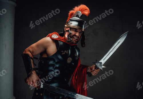 Preview: Angry armoured roman soldier with dual swords attacks