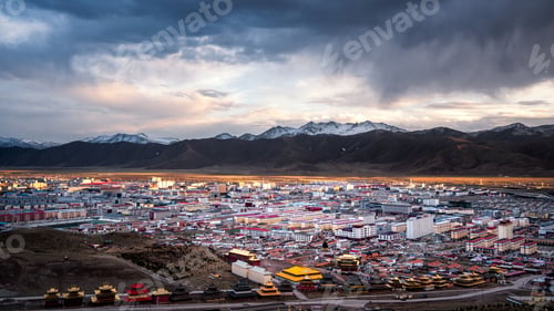 Preview: Tibetan Buddhist temple nestled in the snow-covered mountains of Qinghai Province, China.