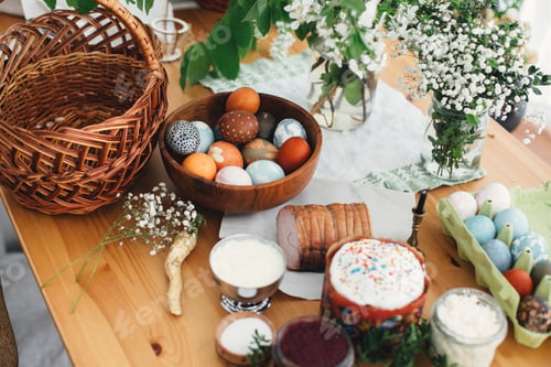 Preview: Easter modern eggs, easter bread, ham, beets, butter, green branches and flowers