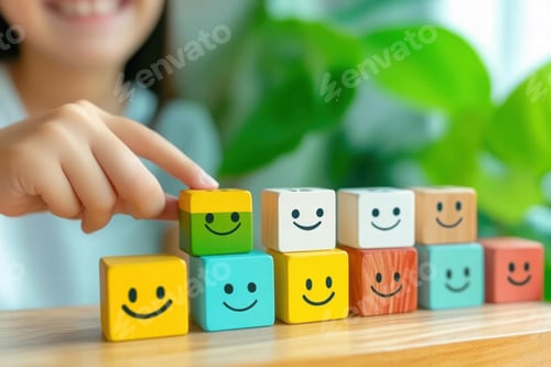 Preview: Smiling child stacking colorful blocks in bright room