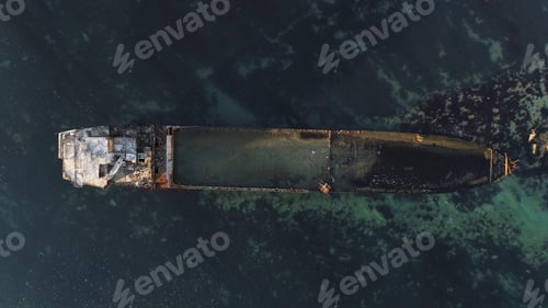 Preview: Aerial top view for wrecked ship along the rocky coast in blue water. Shot. Old sunk boat near sea