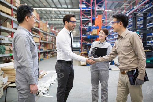 Preview: Businessman shaking hands with engineer in the factory