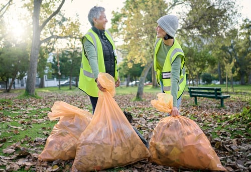 Preview: Volunteer women, community service and cleaning park with garbage bag for a clean environment. Team