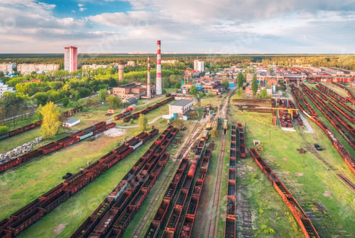 Preview: Aerial view of freight trains. Railway station with wagons