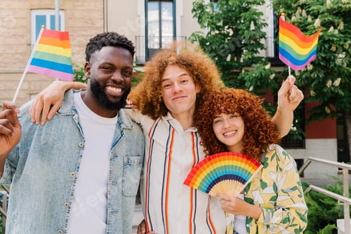Preview: Multiethnic friends hugging, holding rainbow flags and fan, celebrating diversity and lgbtq+ pride