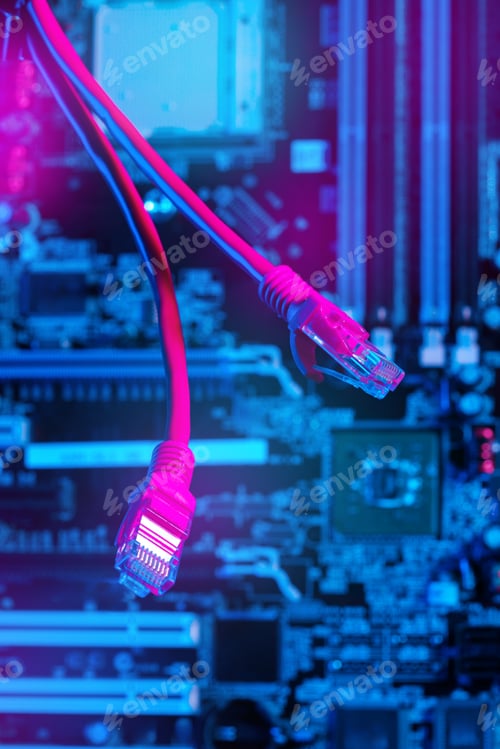 Preview: Modern technology network cable in neon light.