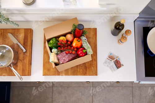 Preview: Overhead Shot Of Recipe Cards With Online Meal Food Recipe Kit With Ingredients Delivered To Home