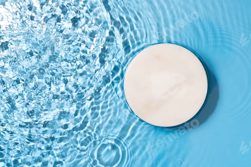 Preview: Transparent and clean blue water background with podium and sunlight reflection