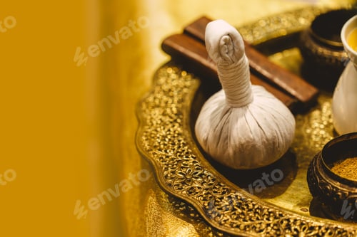Preview: Thai herb for spa and massage aromatherapy background, Thai Herbal compress ball with herbal mix