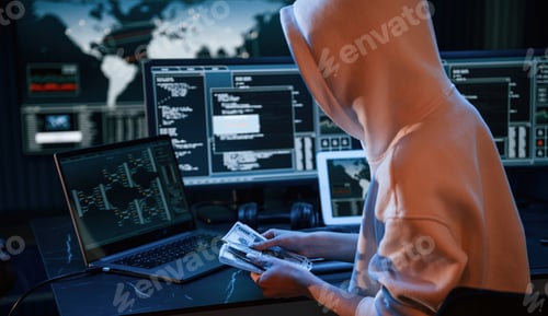 Preview: Young professional female hacker is indoors by computer with lot of information on displays
