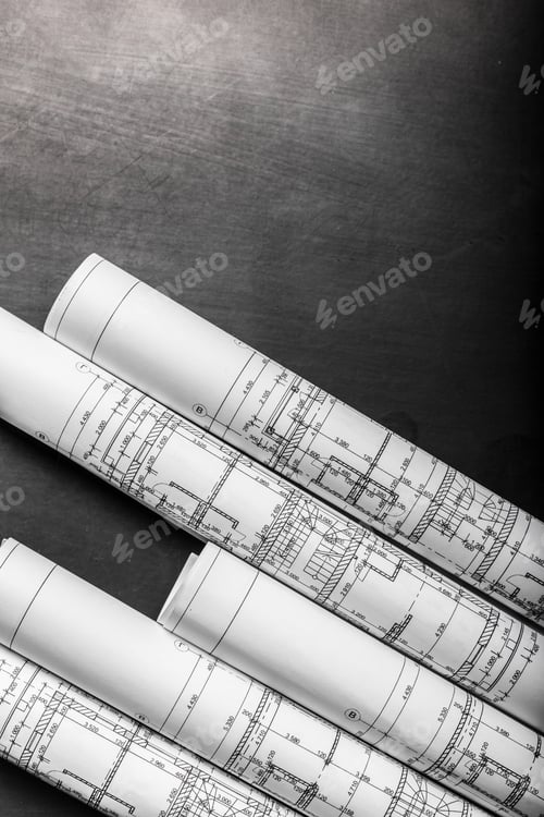 Preview: Construction planning drawings on black background