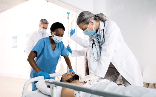 Preview: CPR, emergency and doctor with patient for first aid, medical service and surgery in hospital. Heal